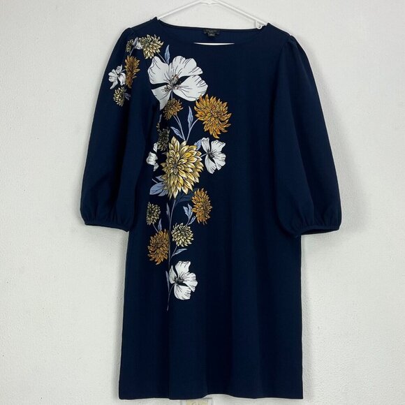 Ann Taylor Dresses & Skirts - Ann Taylor Womens Shift Dress Large Petite Navy Blue Floral Puff Sleeve Stretch